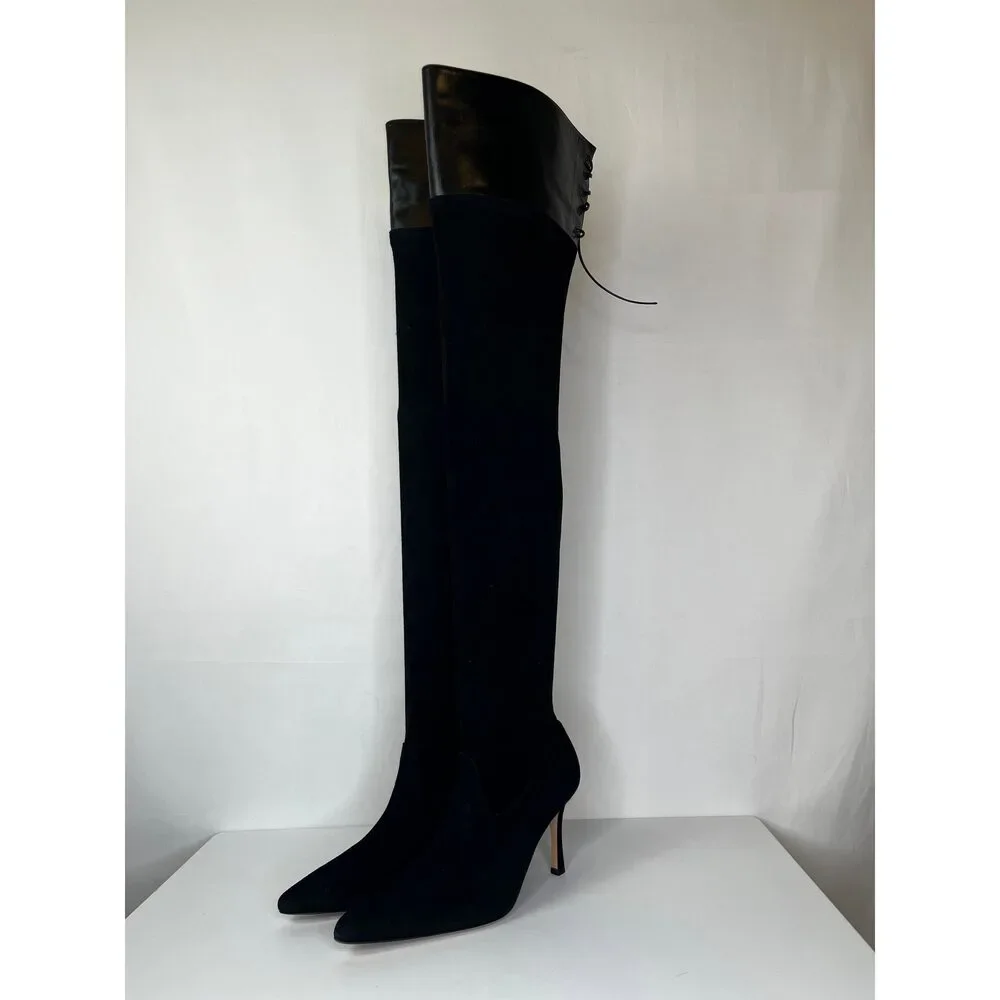 Manolo Blahnik Black Suede Pointed Toe Over the Knee Boots